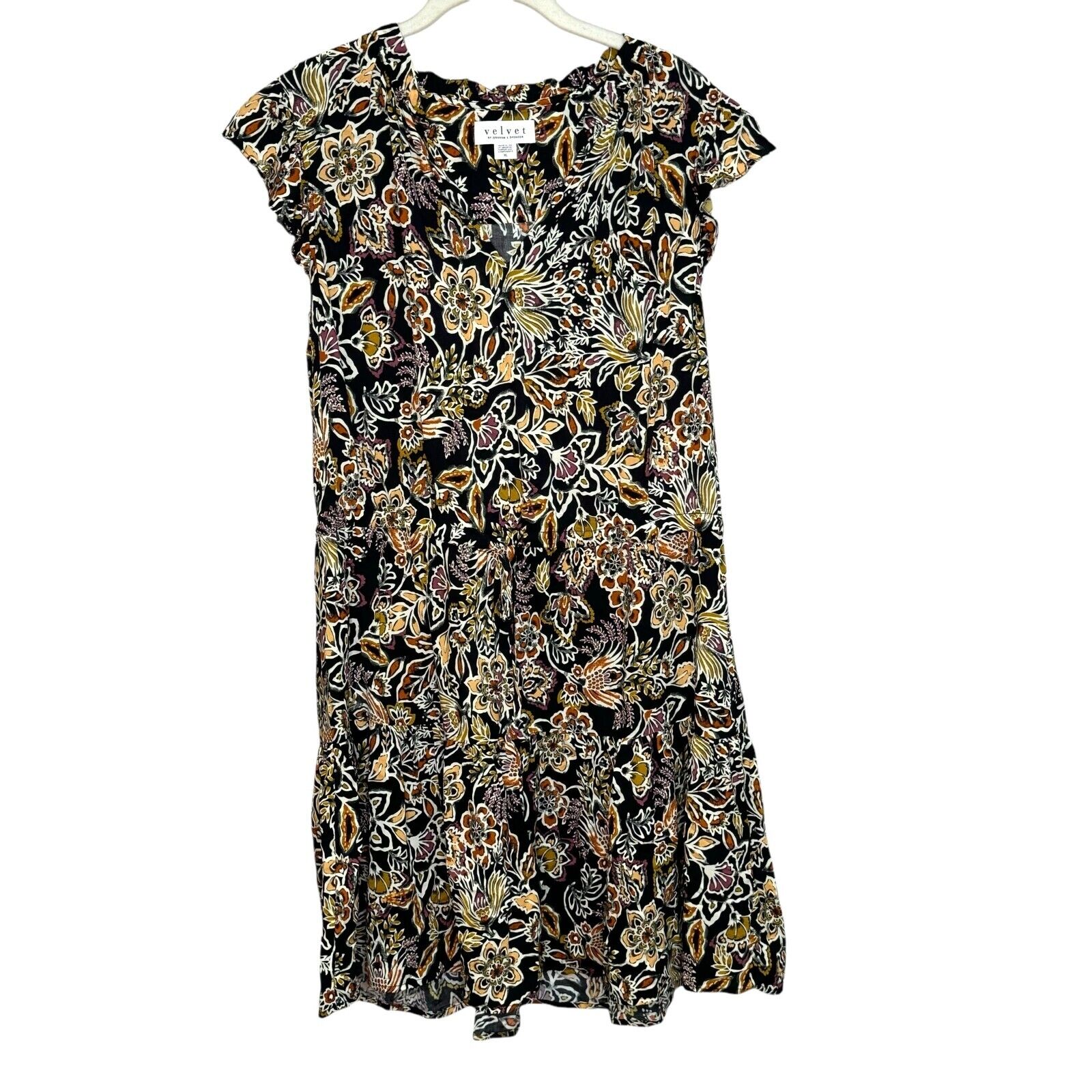 Velvet by Graham Spencer Black Floral Fireglow Paloma Tie Waist Dress Size $198