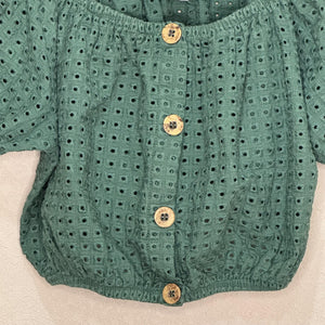 Eberjey Top Womens Small Eyelet Puff Sleeve Cropped Boho Button Blouse