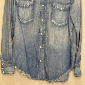 ABLE Denim Western Shirt Womens Size Small Denim Pearl Snap Fringe