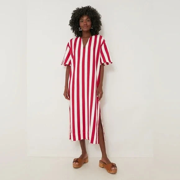 Pomander Place Dress Womens Small Striped Split Neck Pocket Midi Casual Summer