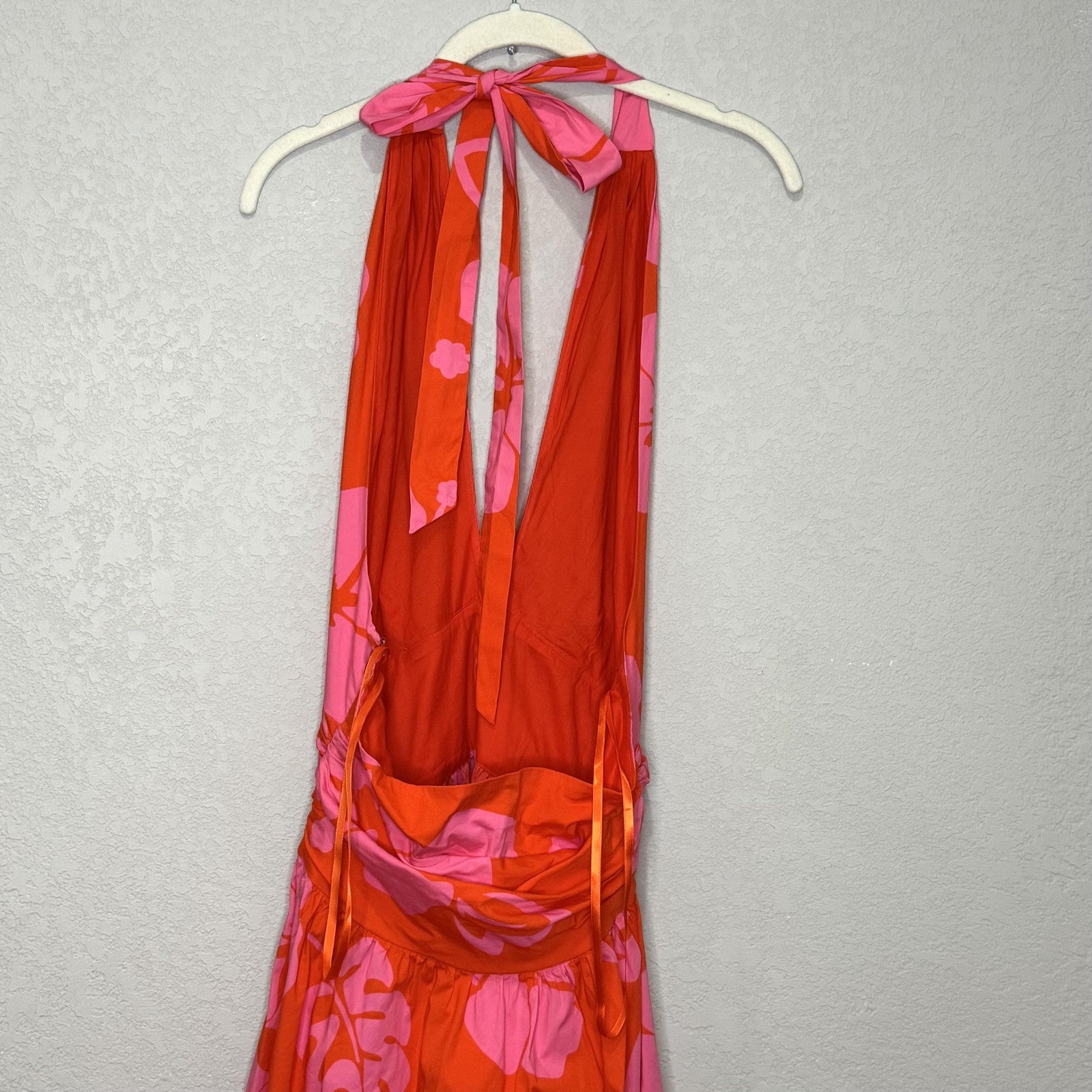 Staud Dress Moana 8 Red Pink Floral Halter Midi Open Back Summer Vacation Beach