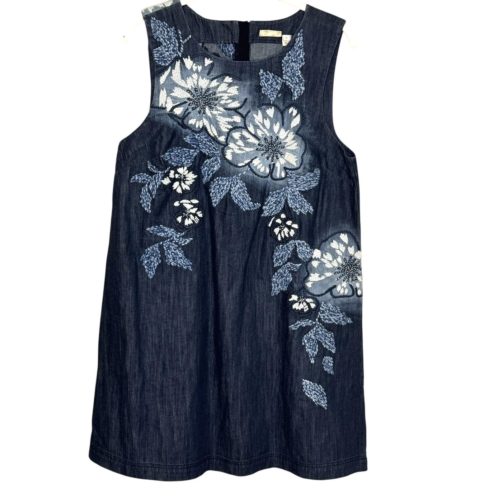 Holding Horses Dress Womens 8 Blue Denim Embroidered Floral Shift Anthropologie