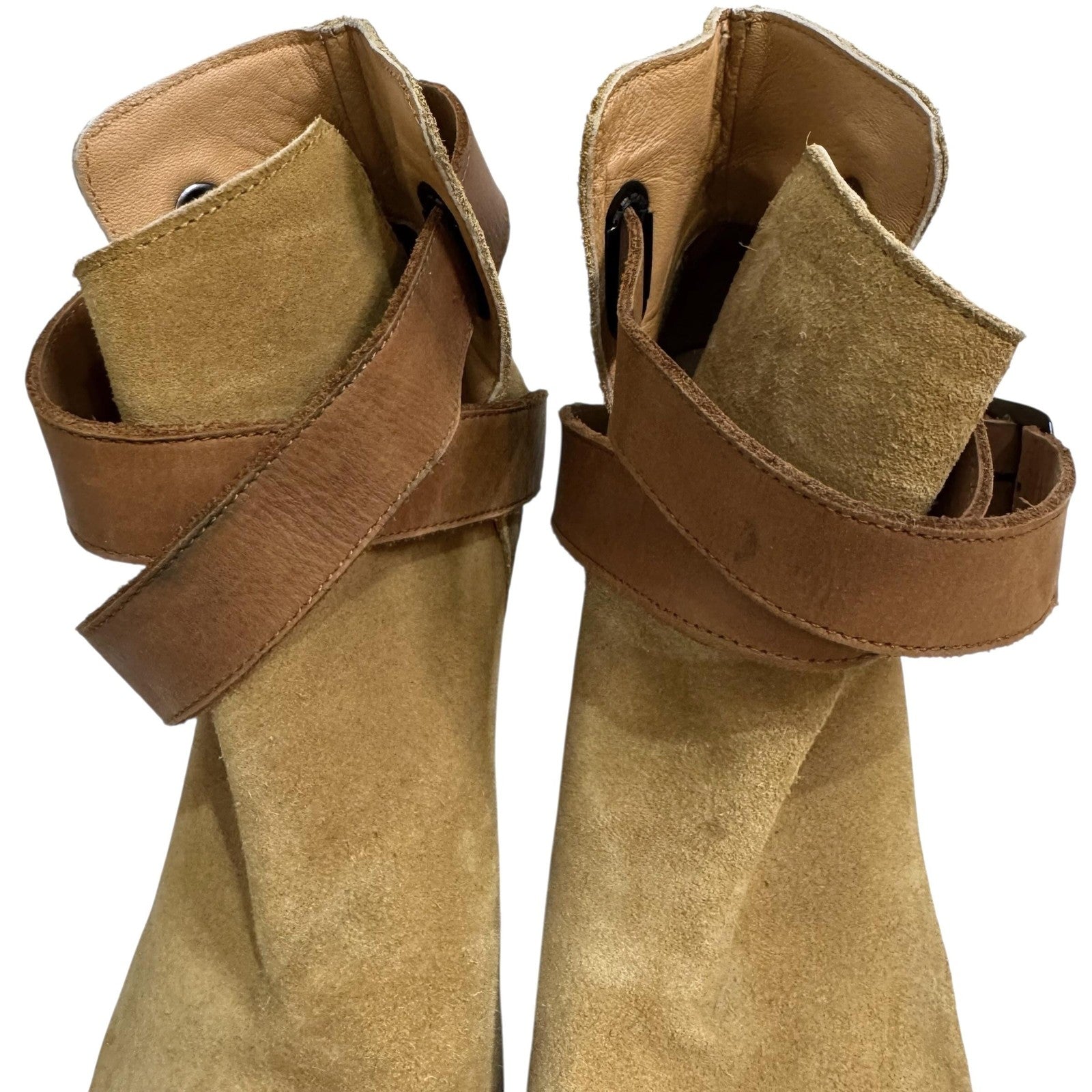 Free People Boots Womens Size 38 Tan Suede Clog Ankle Wrap Wooden Heel 500030907