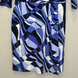 J McLaughlin Dress Womens Small Blue Black White Wrap 3/4 Sleeve Geometric Print