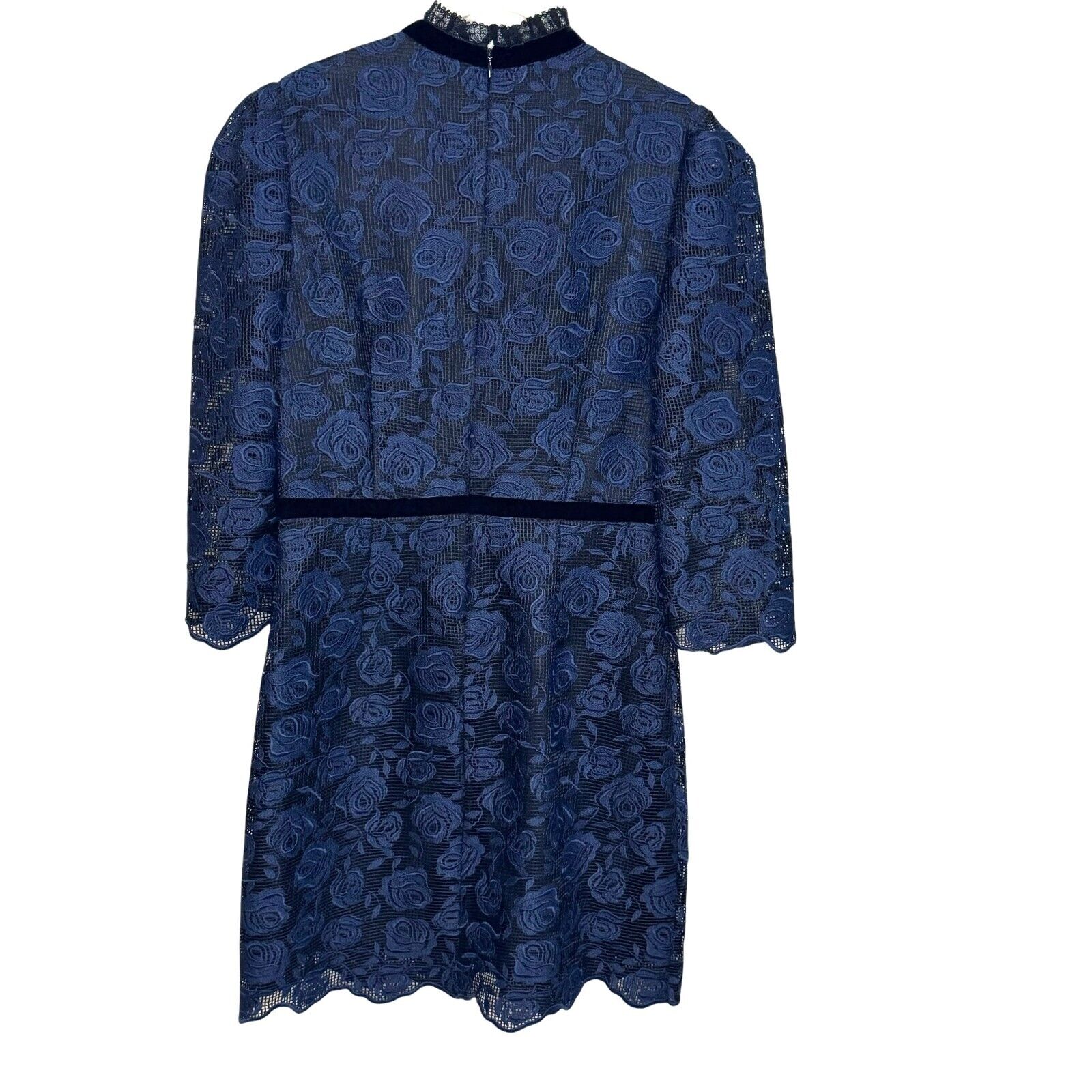 SANDRO Paris Dress Size 6 (2) Navy Blue Floral Lace Embroidered Puff Sleeve Mini