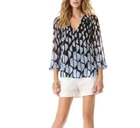 Diane Von Furstenberg DVF Maiko Silk Chiffon V-Neck 3/4 Sleeve Blouse Top Size 6