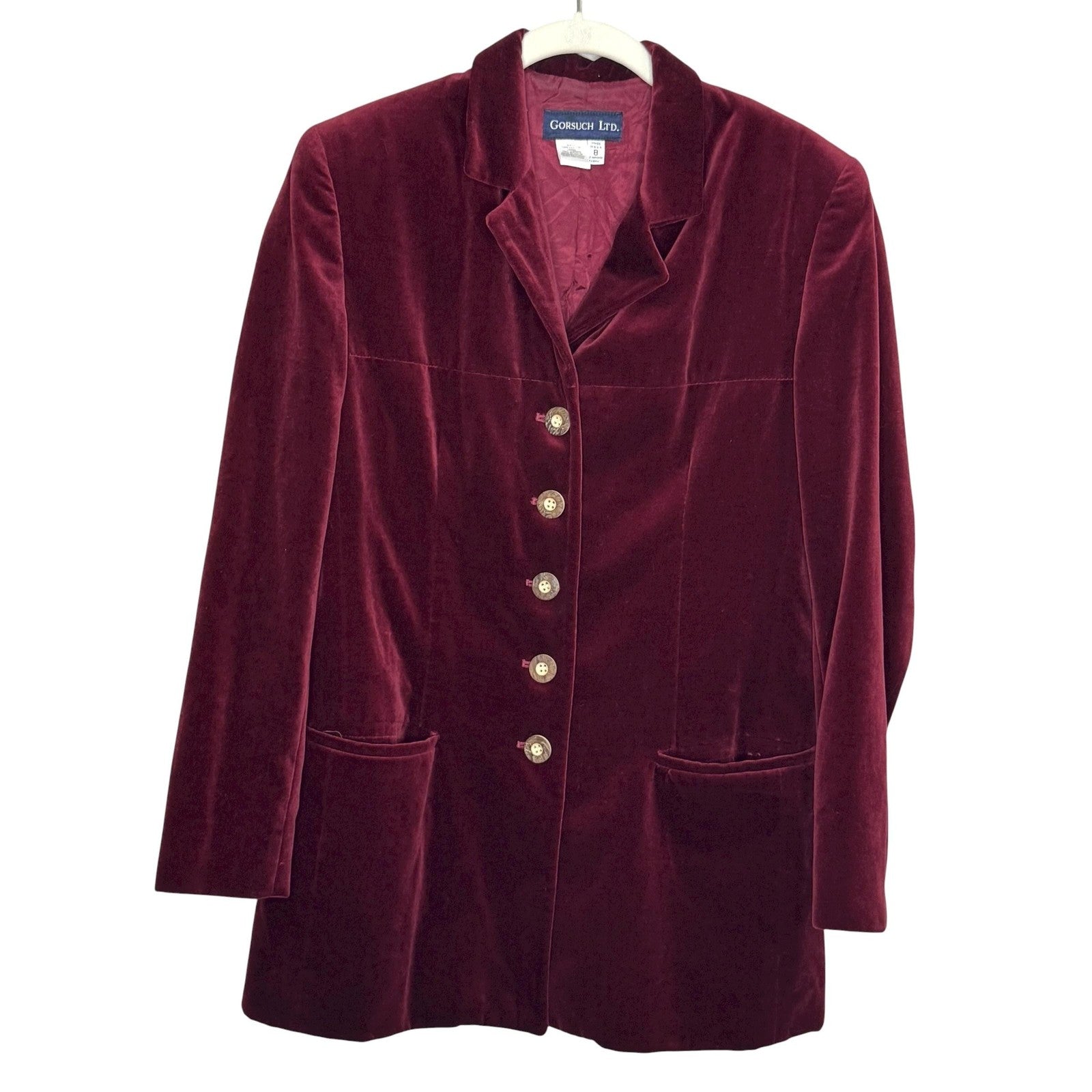 Gorsuch Ltd Blazer Womens 8 Burgundy Velvet Gold Buttons Made USA Lined Jacket