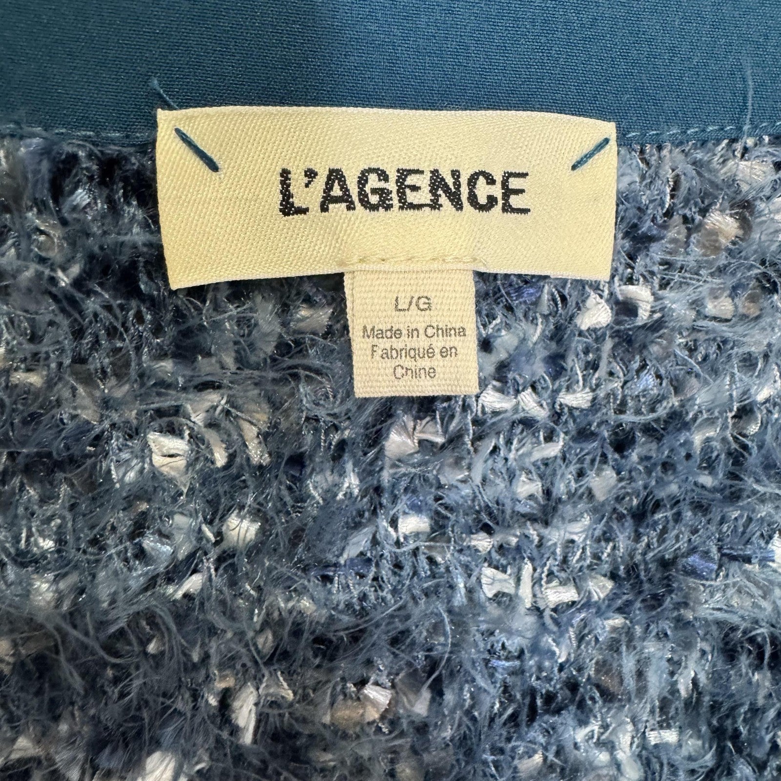 L'AGENCE Sweater Womens Large Blue Boucle Fringe Open Cardigan Jacket S8861NLQ