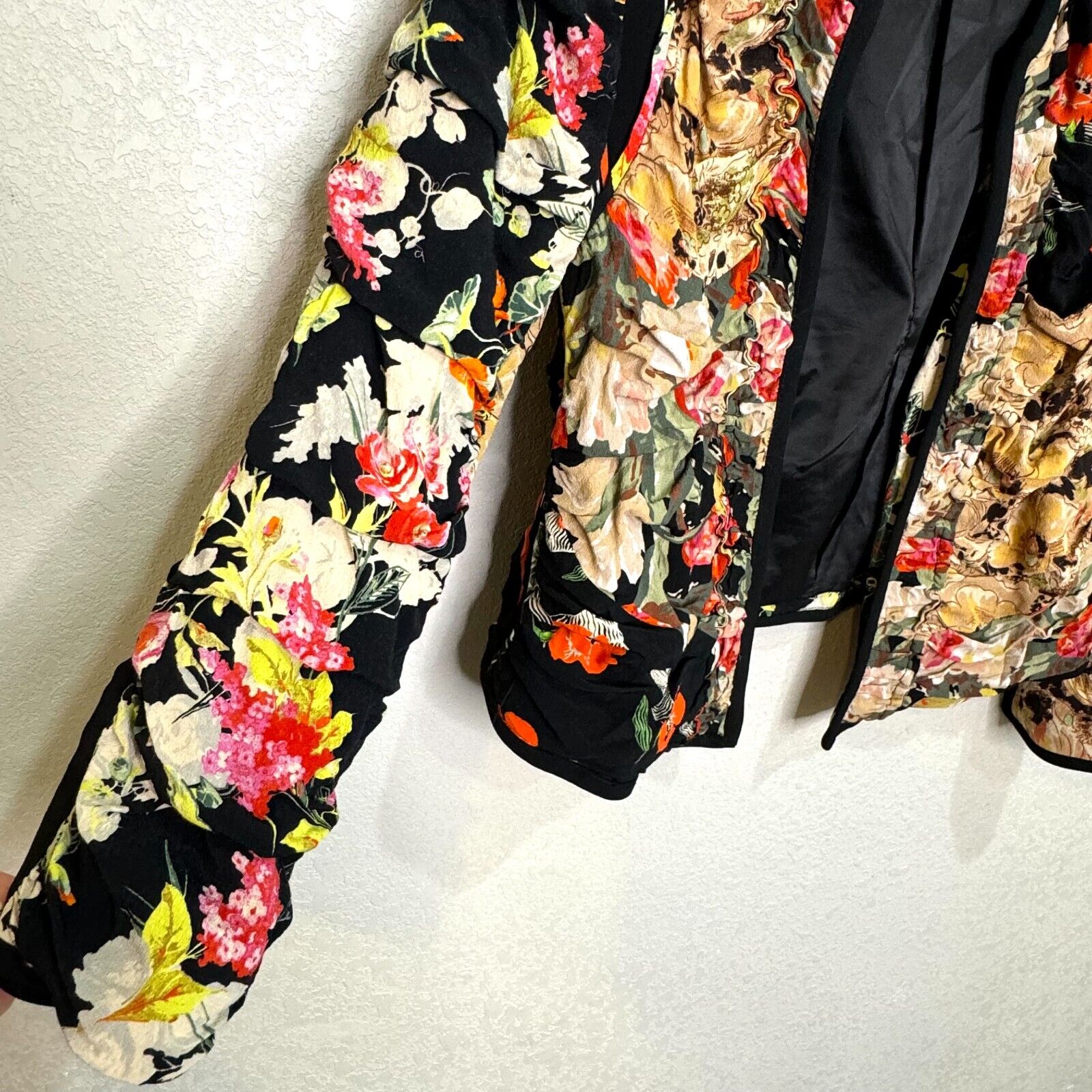 Zara Floral Ruched Black Red Gathered Floral Patchwork Jacket XL