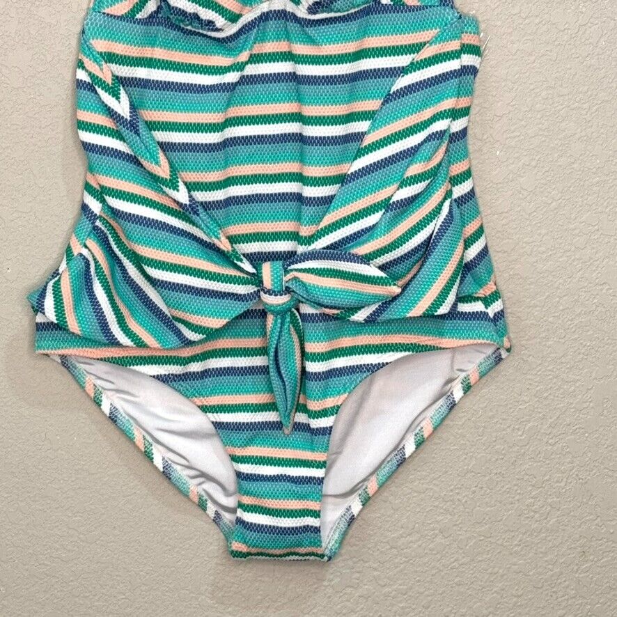 Shoshanna Blue Striped Tie Waist One Piece Halter Swimsuit Size 8 NEW $215