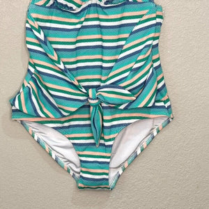 Shoshanna Blue Striped Tie Waist One Piece Halter Swimsuit Size 8 NEW $215