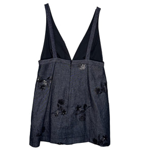 Zara Dress Womens Large Denim Sleeveless Deep V Neck Sequin Floral Mini Party