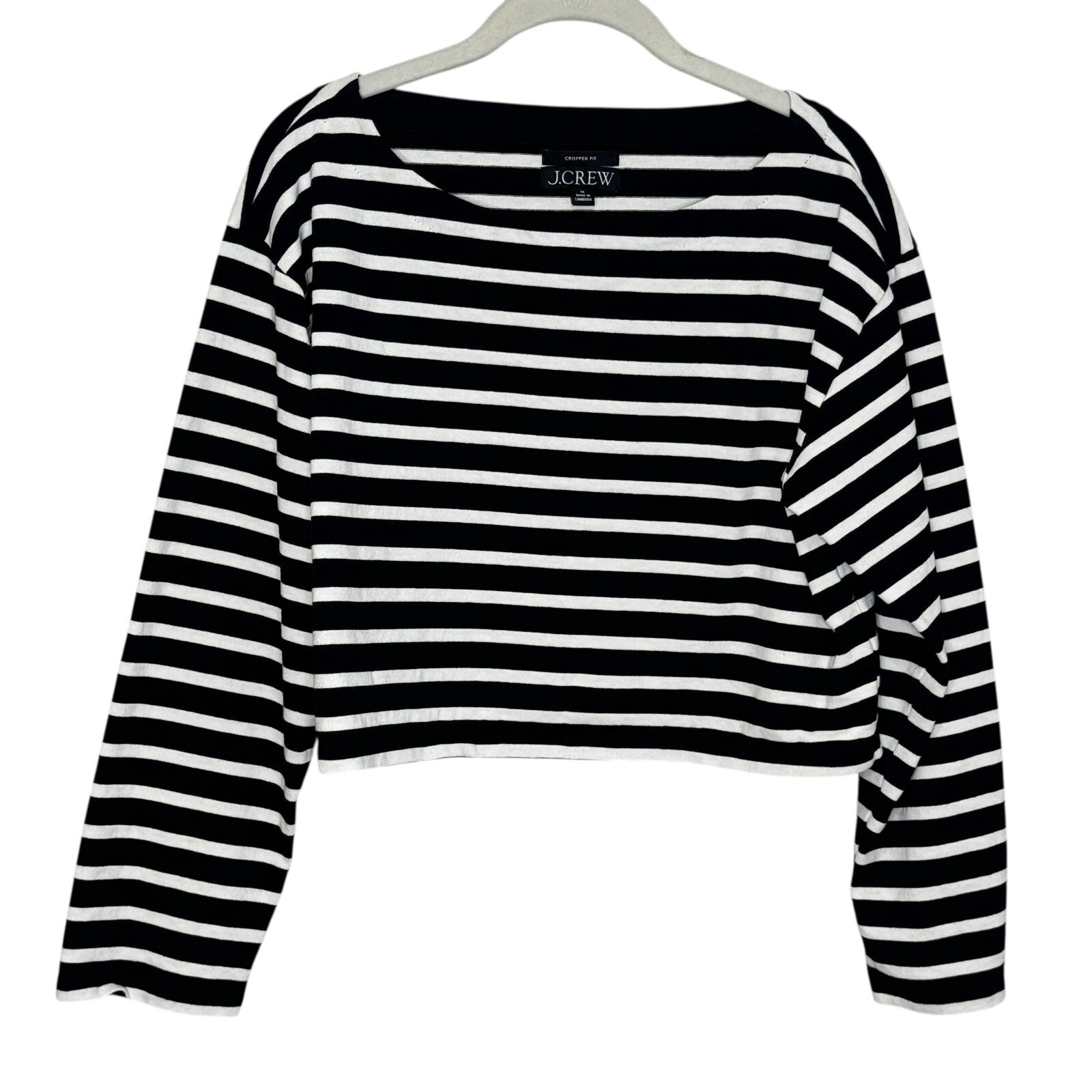 J. Crew Cropped Boatneck T Shirt Size Medium Black White Mariner Cotton