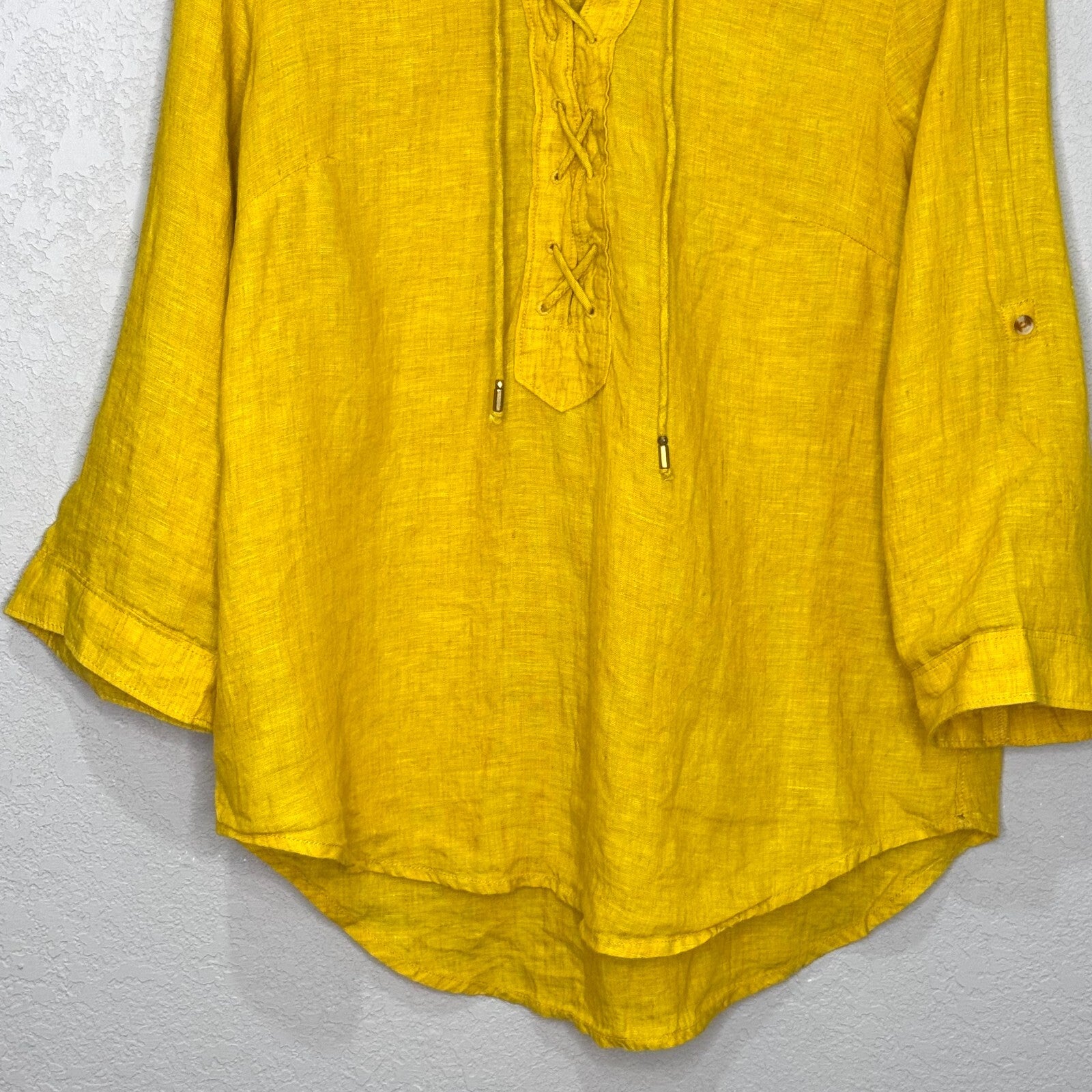 Maeve Anthropologie Linen Top Blouse Women Size 4 S Mustard Yellow Marva Lace Up