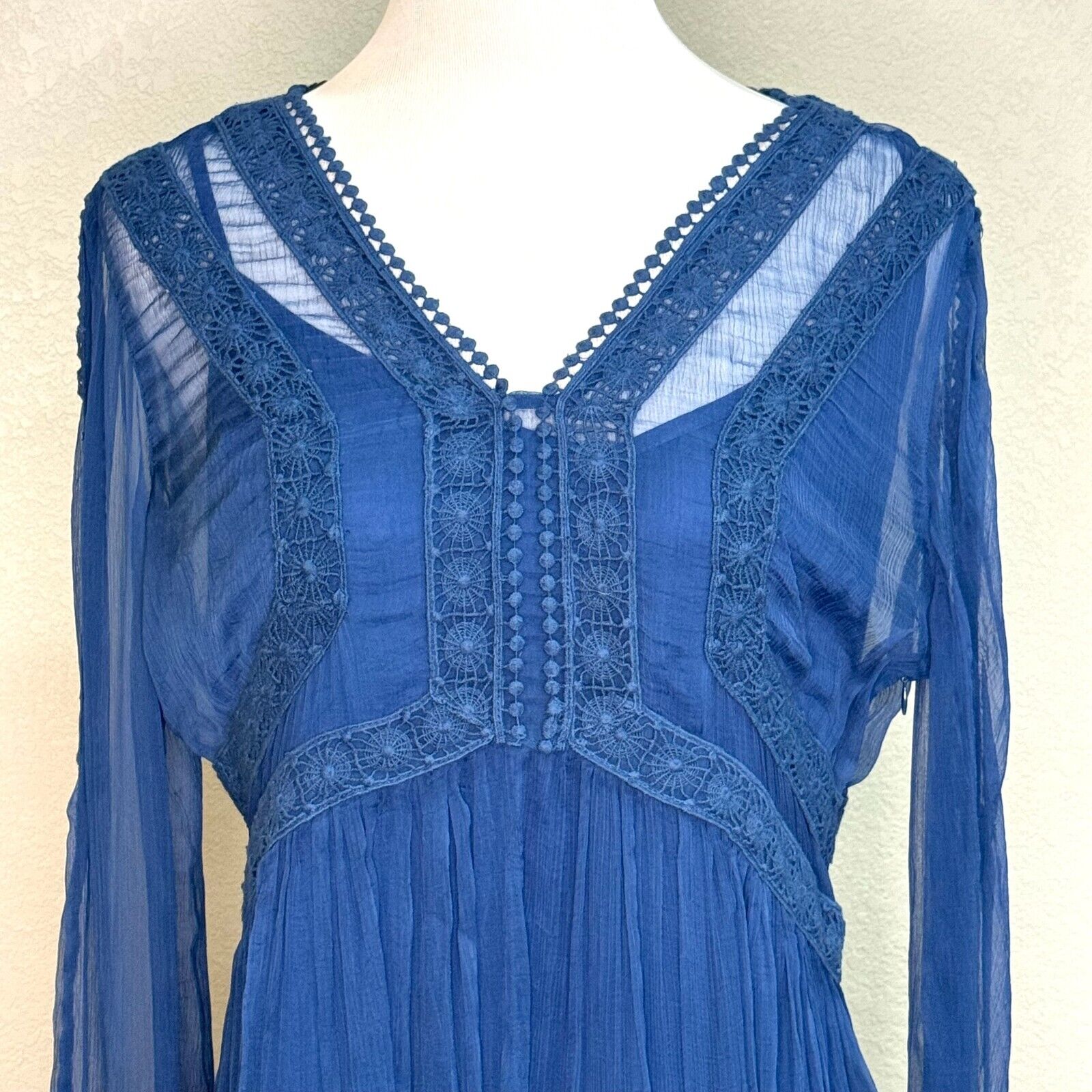 Sundance Time After Time Blue Lapis Sheer Lace Long Sleeve Slip Dress Size 12