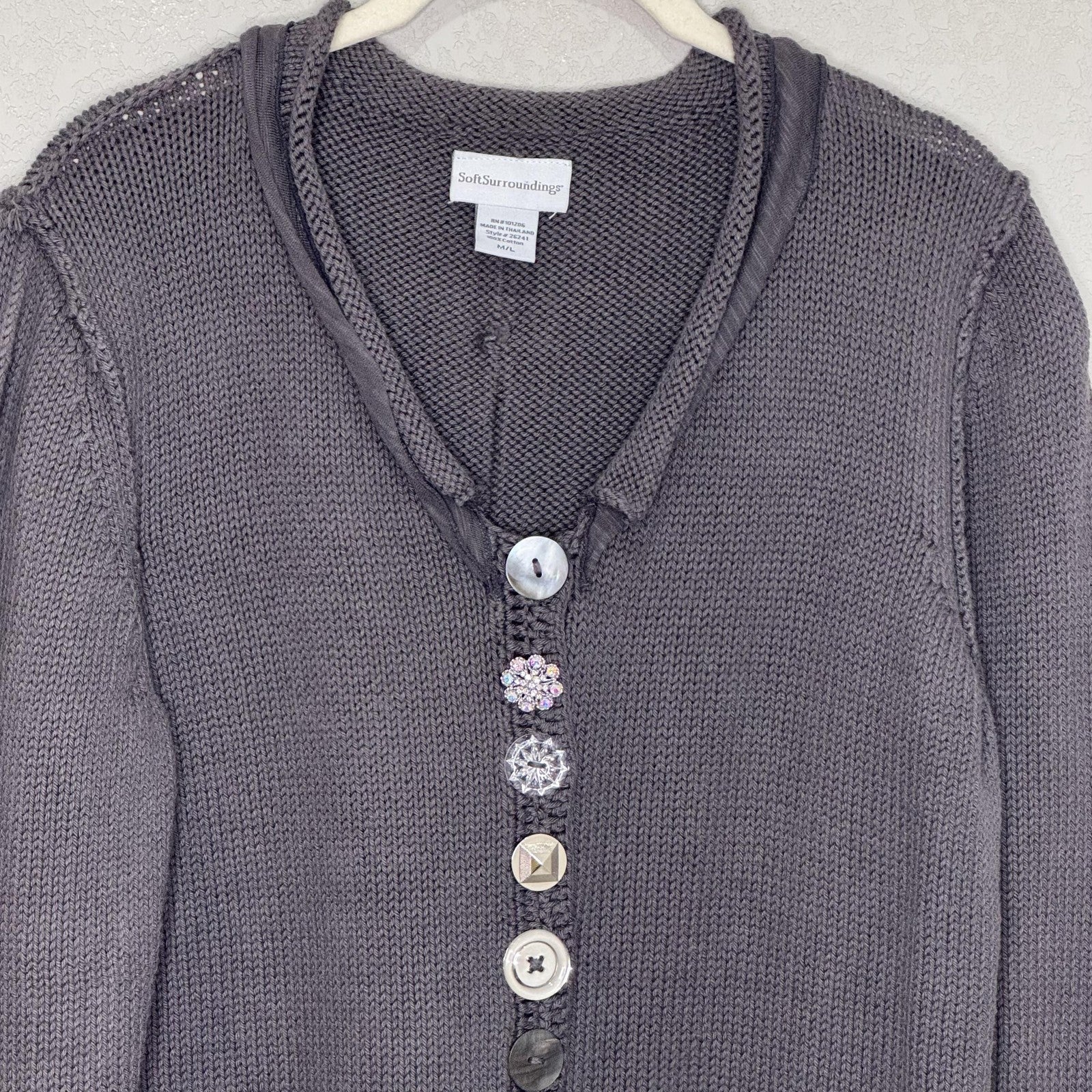 Soft Surroundings Sweater Womens M/L Gray Button Front Cardigan Crochet Trim