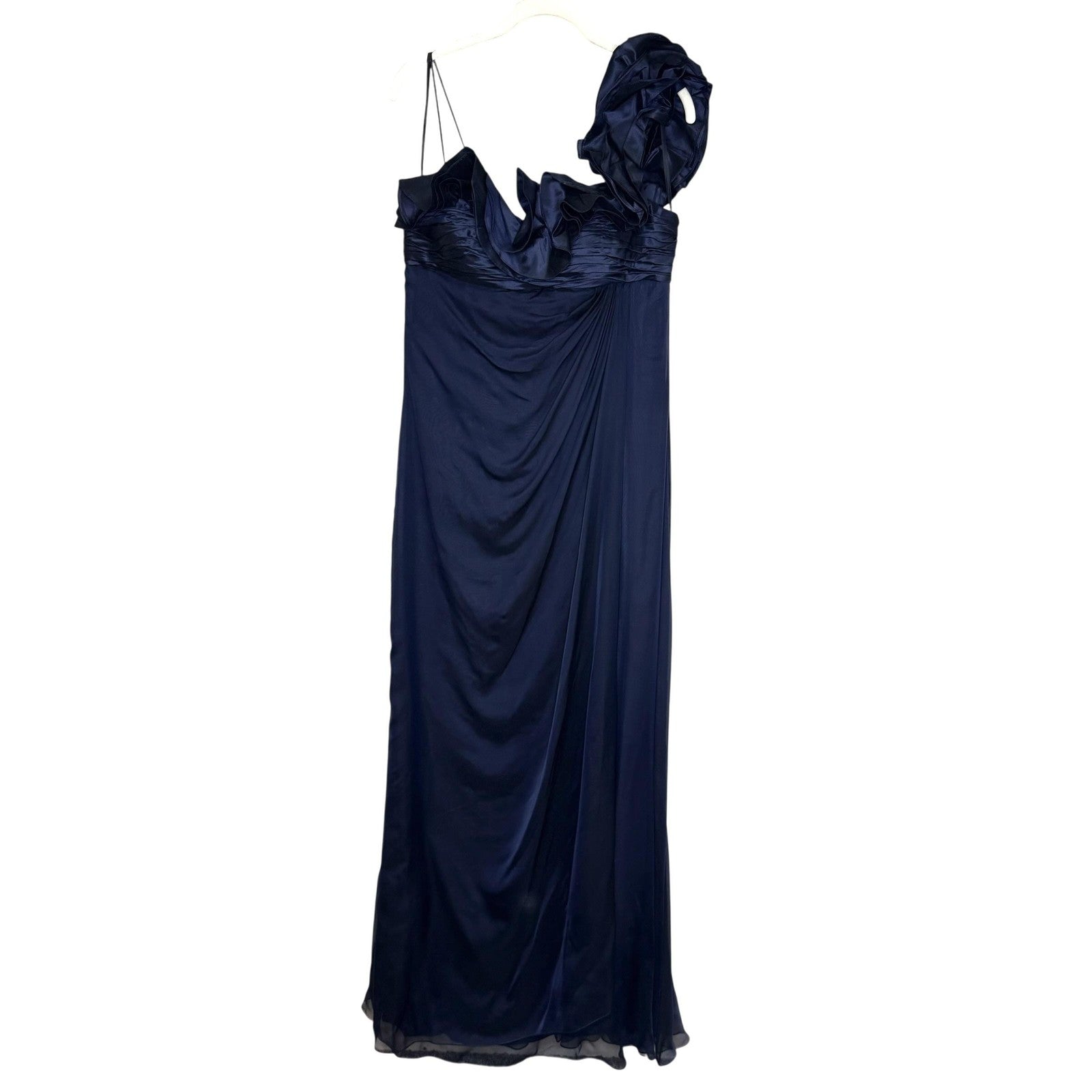 Teri Jon Evening Gown Womens 8 Navy Blue Silk One Shoulder Ruffle Formal Dress