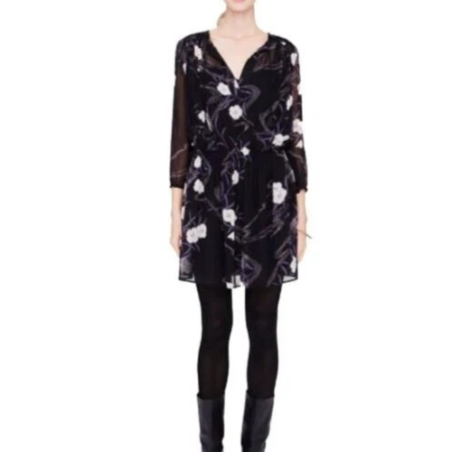 Club Monaco Roanna Dress Womens 4 Black Floral Silk Long Sleeve Mini Boho Chic
