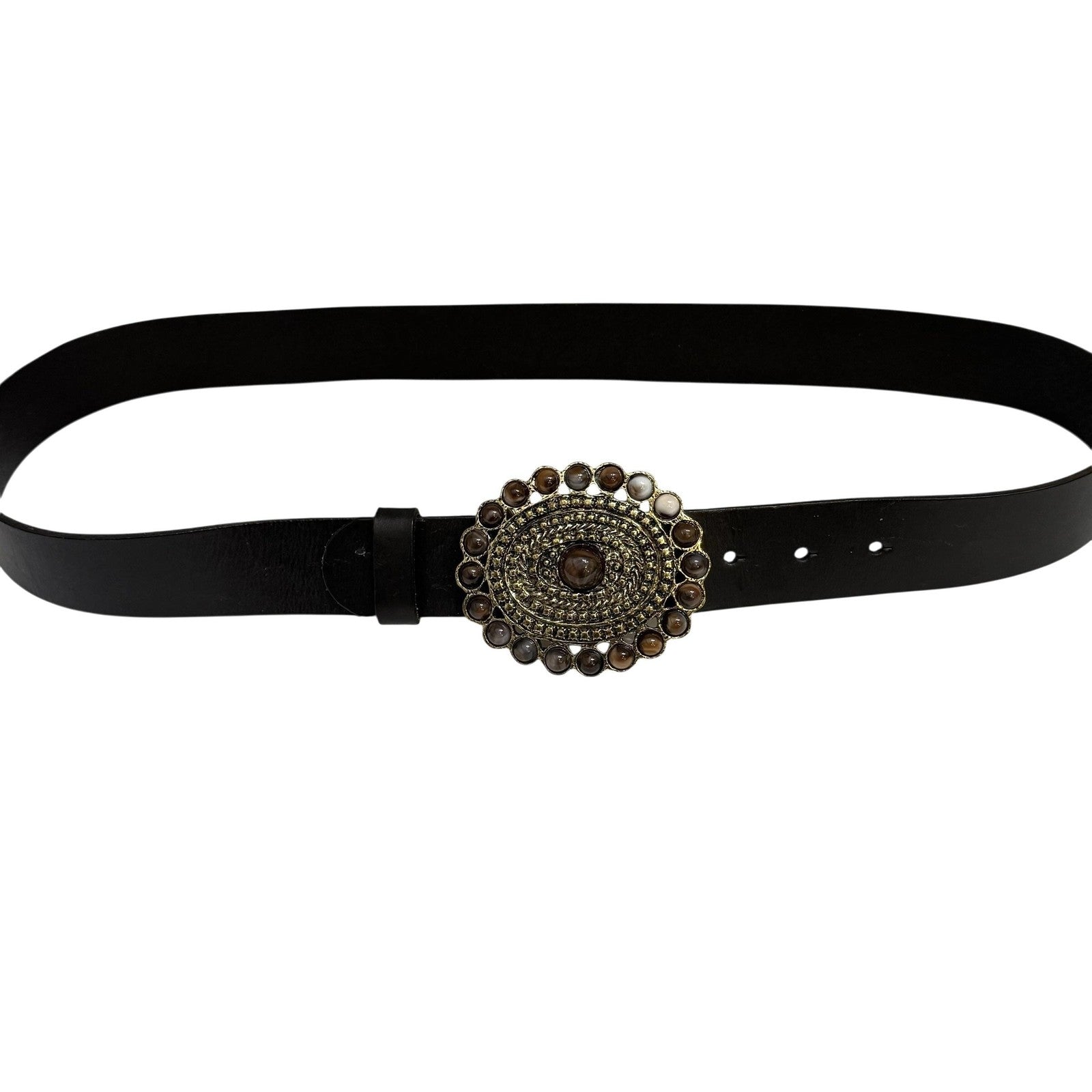 Western Leather Belt Womens 43 Inch Black Ornate Metal Brown Oval Buckle Boho