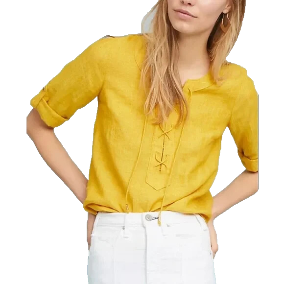 Maeve Anthropologie Linen Top Blouse Women Size 4 S Mustard Yellow Marva Lace Up