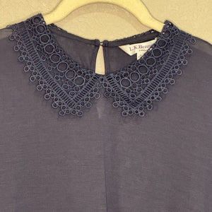 L.K. Bennett NEW Sloane Navy Blue Blouse Top with Lace Collar Size Small