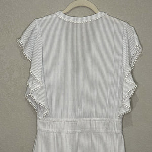 Vanessa Bruno Dress Womens 38 Striped Ruffle Mini Boho Pom Trim Summer