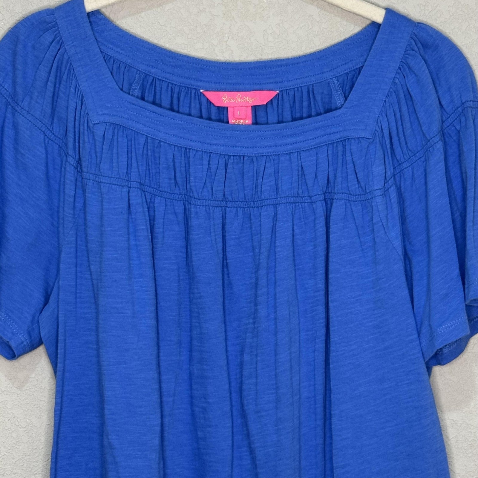 Lilly Pulitzer Shirt Womens Large Blue Short Sleeve Square Neck 100% Cotton Top