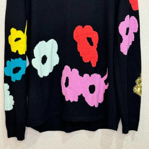 Escada Black V Neck Sweater Bright Sequin Flowers Size Large