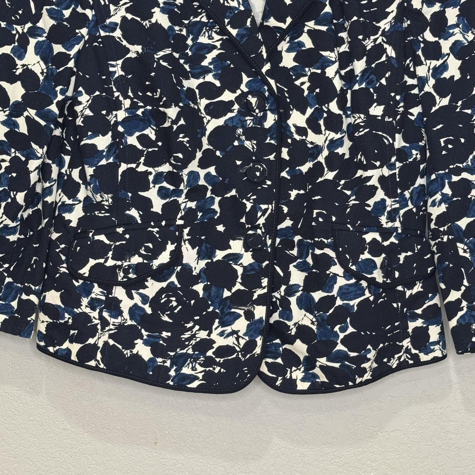 Vtg J Crew Blazer Womens Medium Navy Blue White Floral Print Cotton Jacket SP 05
