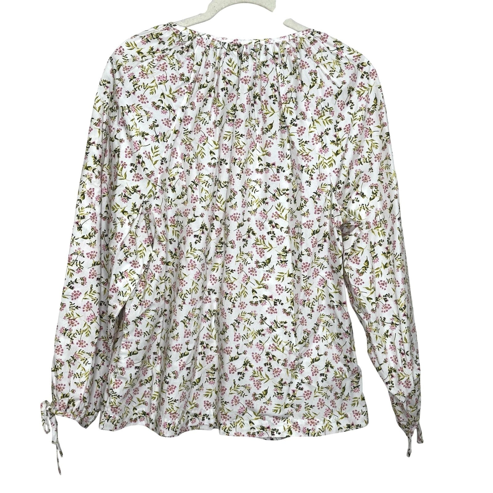 J Crew Shirt Womens Small White Pink Floral Button Front Tie Neck Long Sleeve