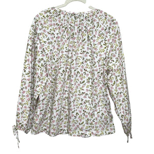 J Crew Shirt Womens Small White Pink Floral Button Front Tie Neck Long Sleeve