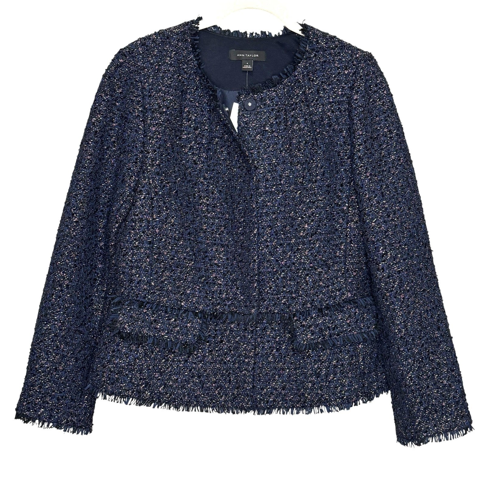 Ann Taylor Jacket Womens 4 Navy Blue Tweed Fringe Boucle Collarless Lined Office