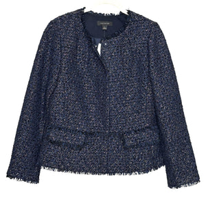 Ann Taylor Jacket Womens 4 Navy Blue Tweed Fringe Boucle Collarless Lined Office