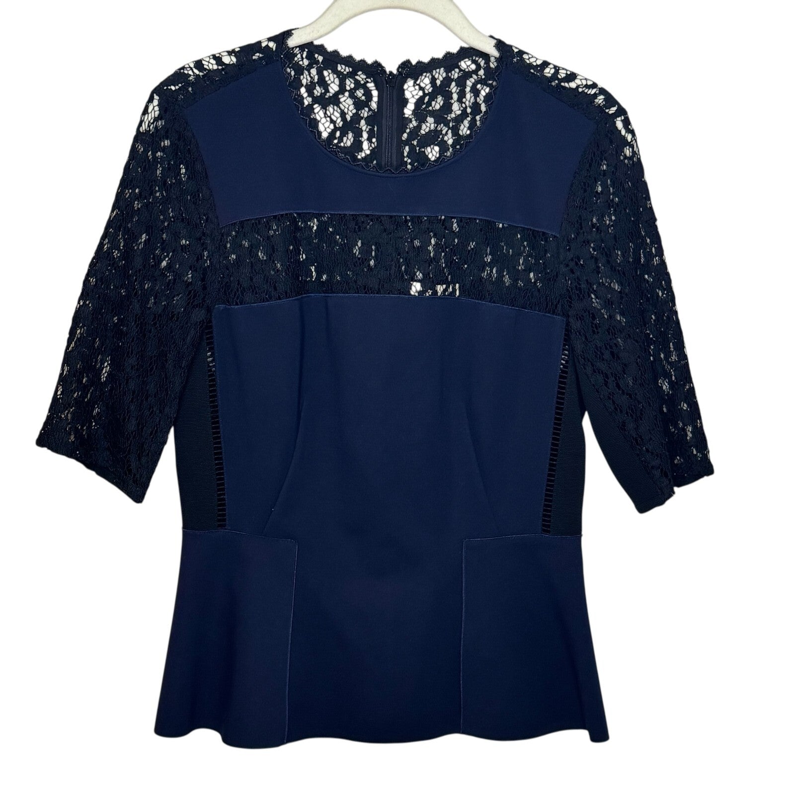 Rebecca Taylor Peplum Top Size 4 Navy Blue Black Lace