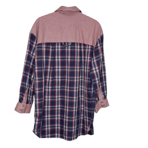 Anthropologie Shirt  XXS XS S Navy Red Plaid Stripe Button Front Oversized