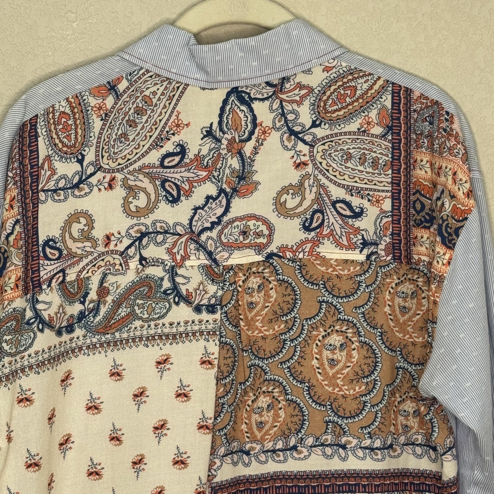 Allison Joy Shirt Womens Small Stripe Paisley Boho Button Up Patchwork Top Blous