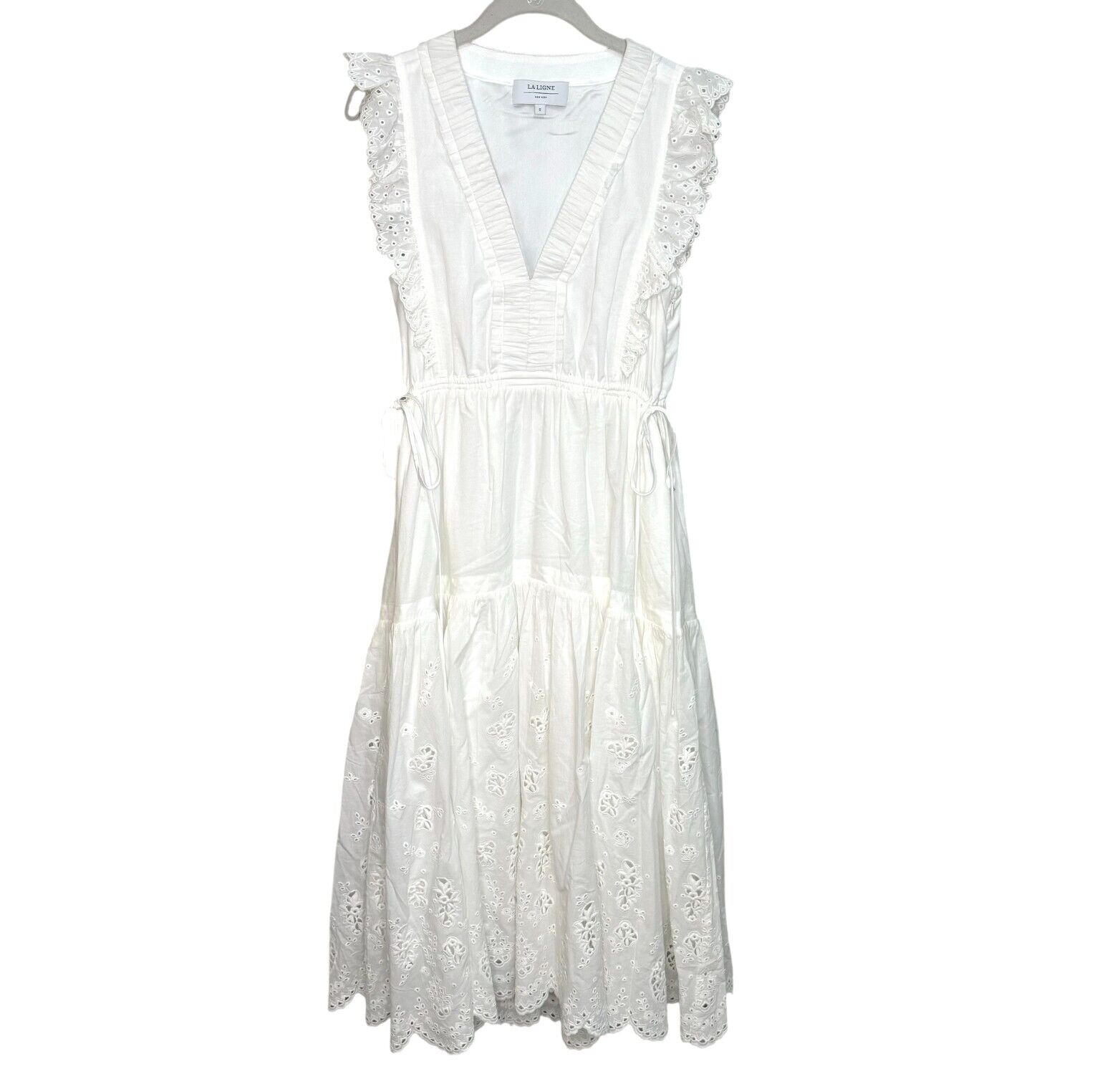 La Ligne White Dress Pointelle Marta V-Neck Ruffle Size Small $450