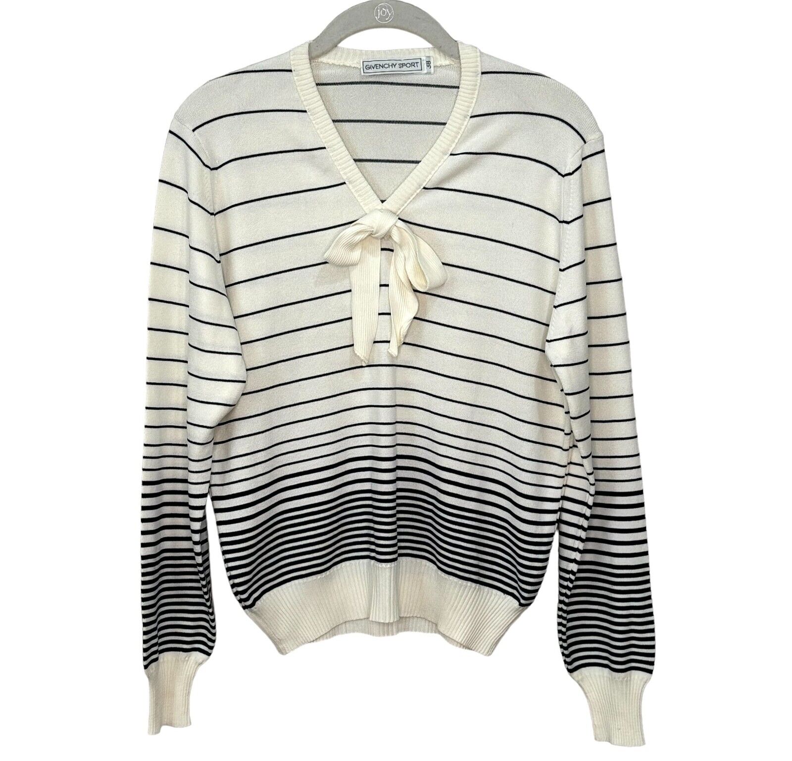 Givenchy Sport Vintage Cream Navy Blue Striped V Neck Bow Sweater US Size 6 (38)