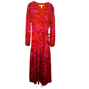 Hutch Ciara Red Pink Zebra Satin Maxi Wrap Dress Size Large $179