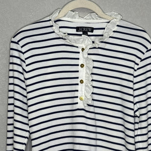 J.Crew Shirt Womens Large White Navy Striped Ruffle Henley Long Sleeve BP053