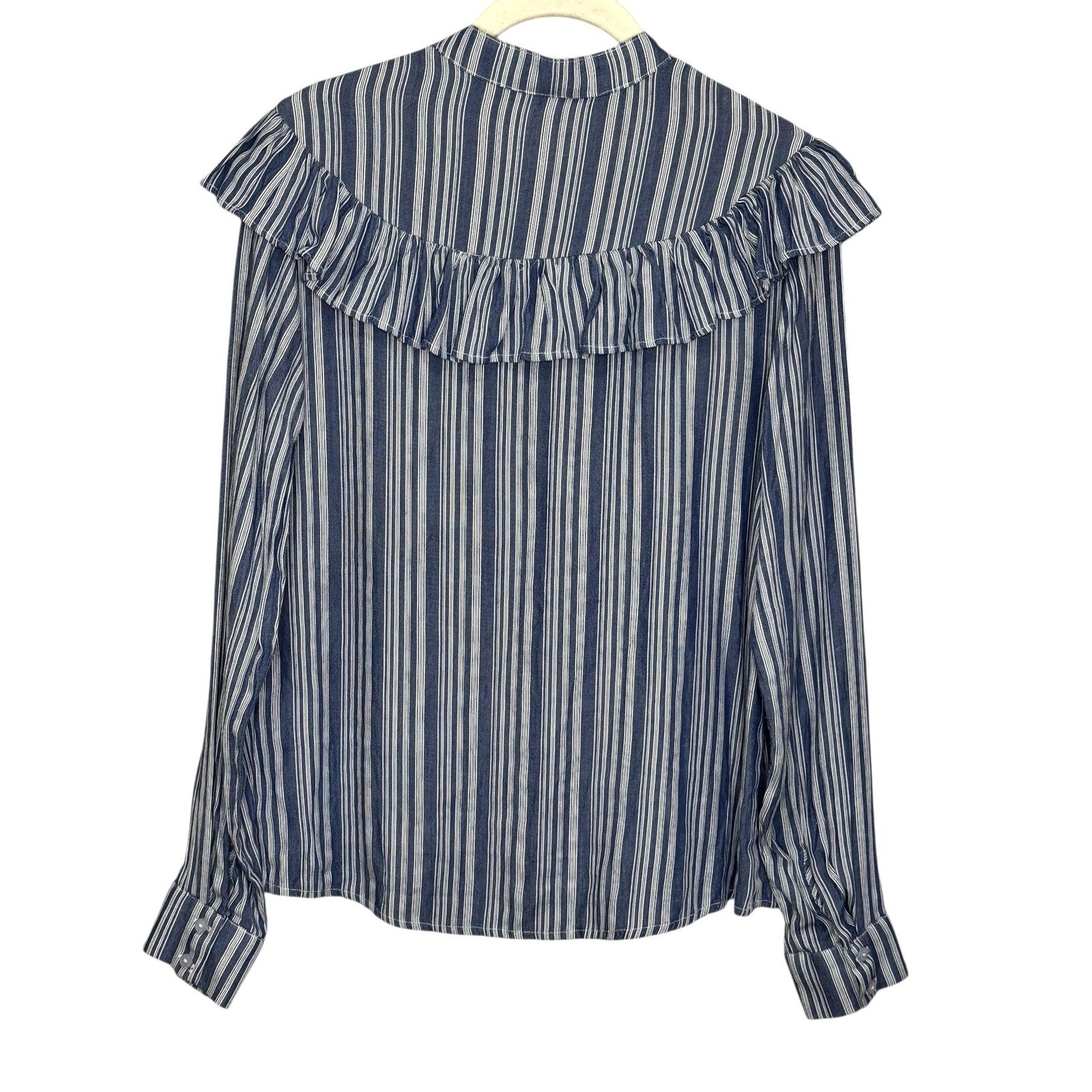 ONLY Shirt Womens Medium EU 38 Blue White Stripe Ally Frill Long Sleeve Ruffle