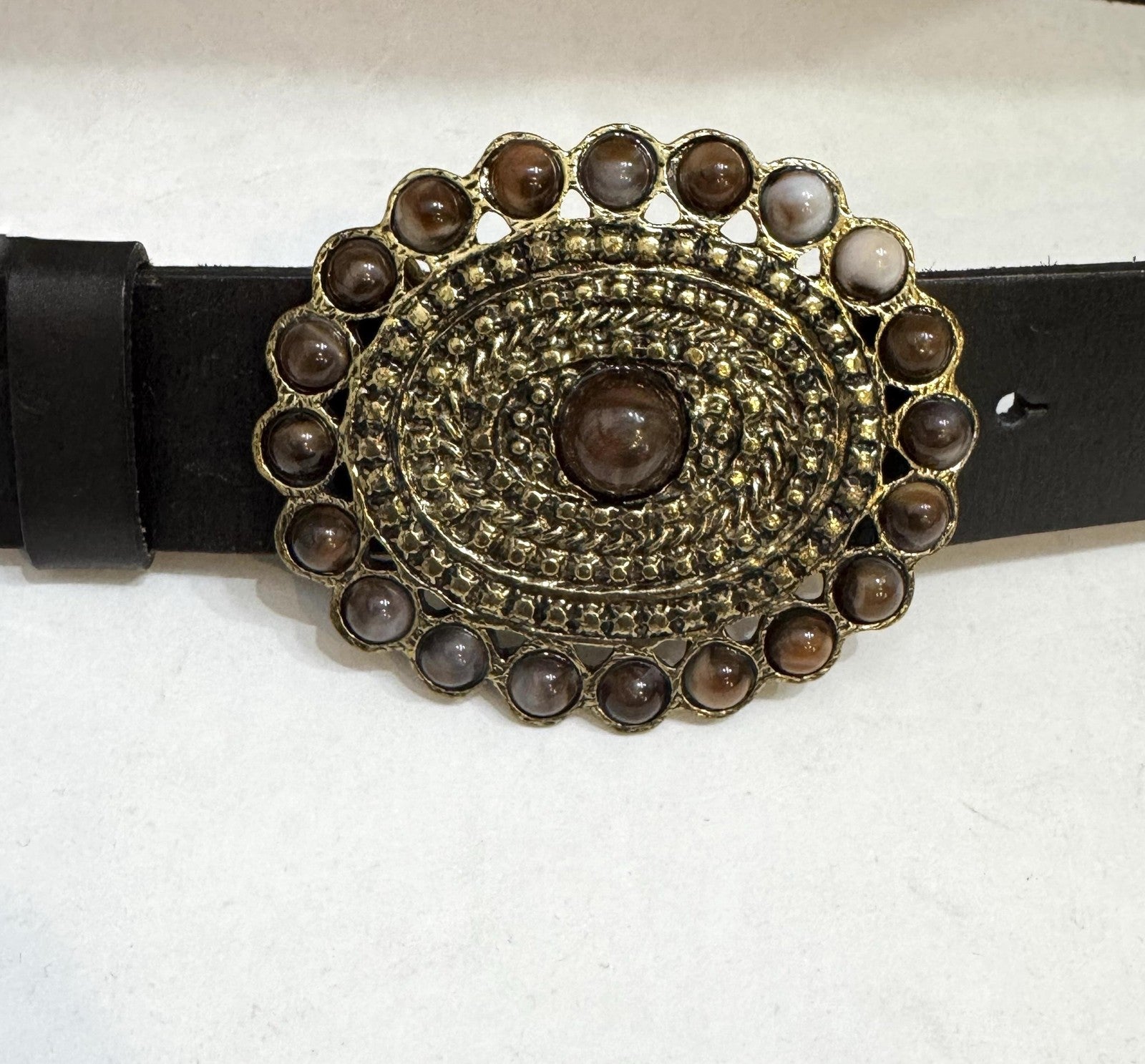 Western Leather Belt Womens 43 Inch Black Ornate Metal Brown Oval Buckle Boho