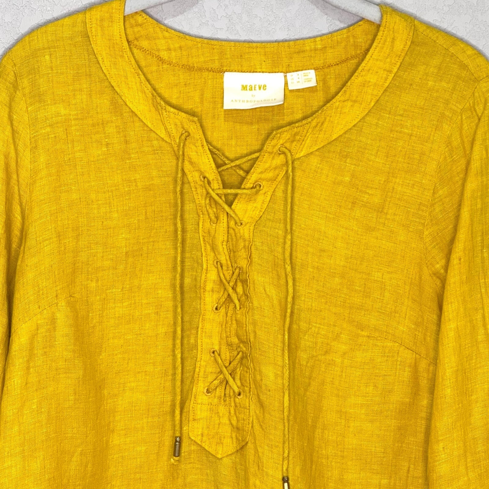 Maeve Anthropologie Linen Top Blouse Women Size 4 S Mustard Yellow Marva Lace Up