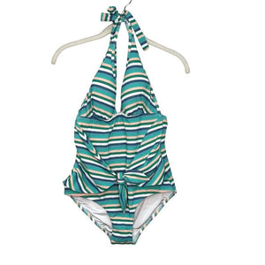 Shoshanna Blue Striped Tie Waist One Piece Halter Swimsuit Size 8 NEW $215