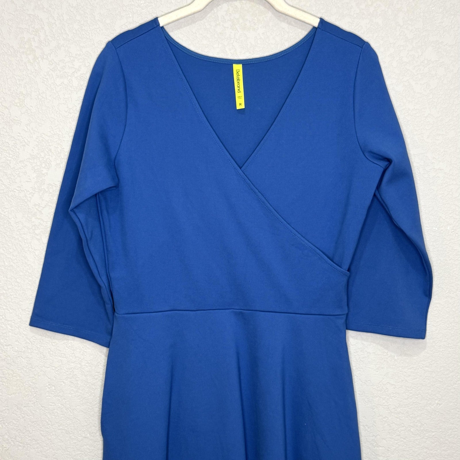 Betabrand Round-Trip Dress Medium Blue 3/4 Sleeve Faux Wrap Fit Flare Comfy Work