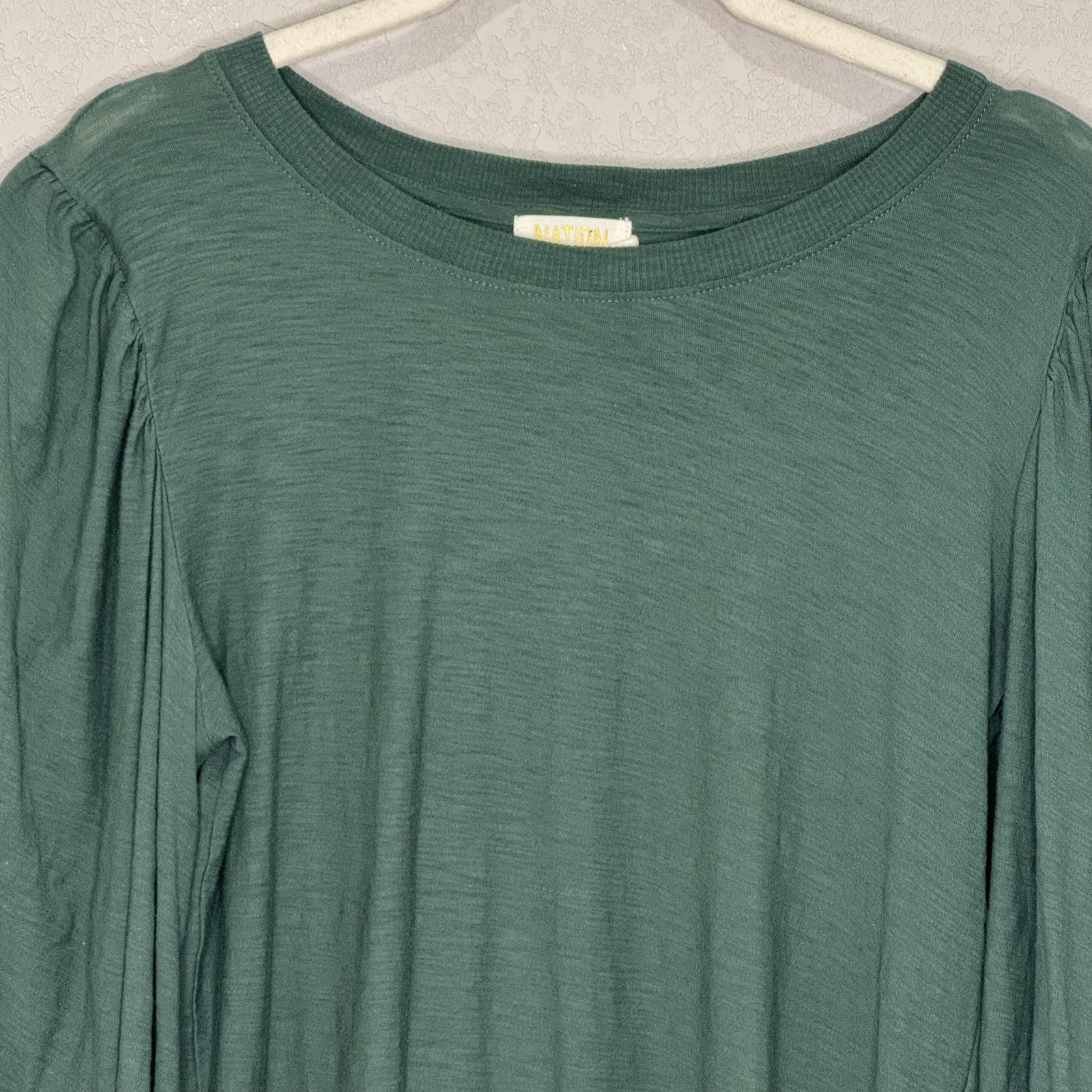 Nation LTD Shirt Womens Small Green Pima Cotton Long Sleeve Puff Sleeve Crewneck