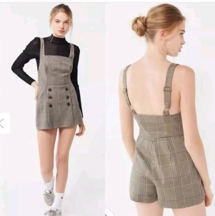 Urban Outfitters Cassidy Shorts Romper Medium Brown Plaid Square Neck
