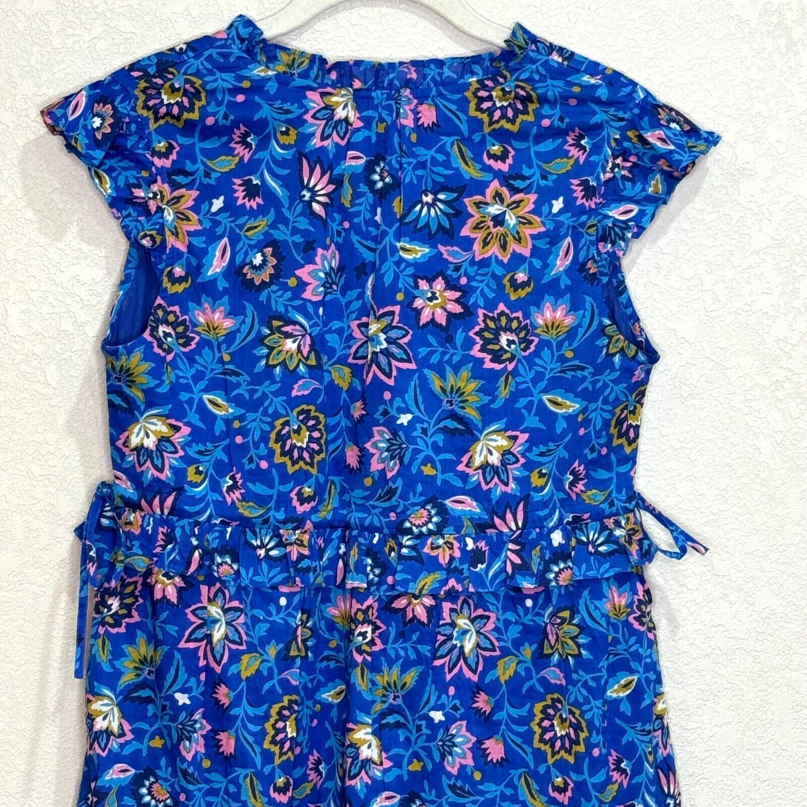 Banjanan NEW Azure Blue Floral Cotton V-Neck Ruffle Mini Chandra Dress Size XS