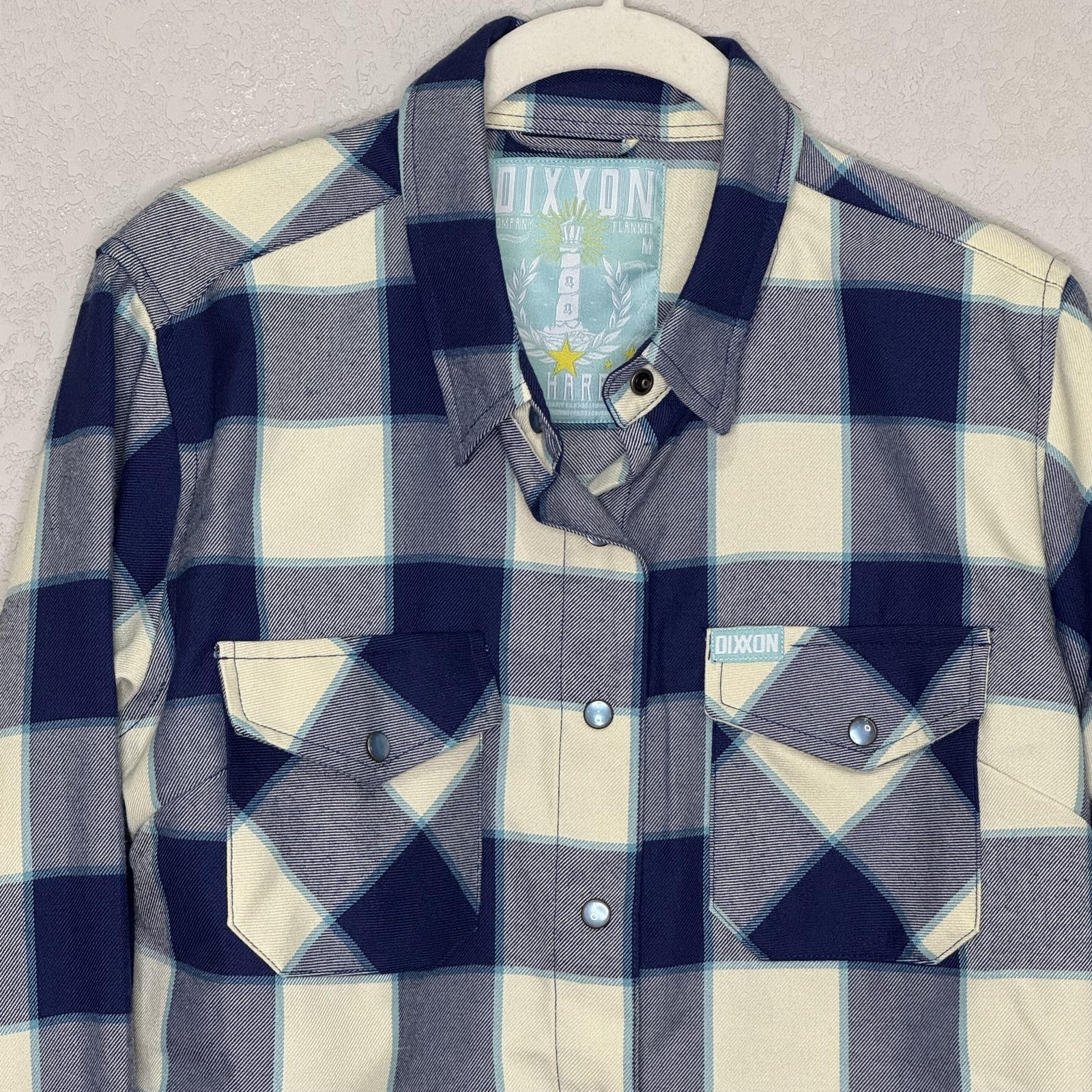 Dixxon Flannel Co Shirt Womens Medium Blue Gray Cream Plaid Bar Harbor Workwear