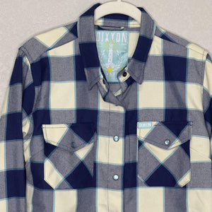 Dixxon Flannel Co Shirt Womens Medium Blue Gray Cream Plaid Bar Harbor Workwear